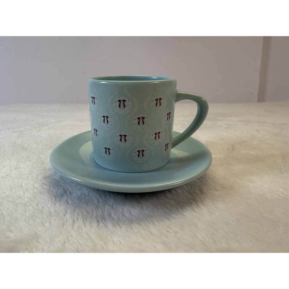 Starbucks 2004 Christmas Wreath Demitasse‎ Cup & Saucer Set Robin Egg Blue Mini